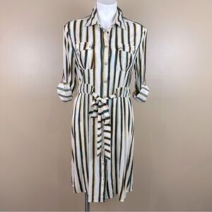 BCBG Striped Snap Front Tie Waist Shirtdress Roll Tab Sleeve Dress Small